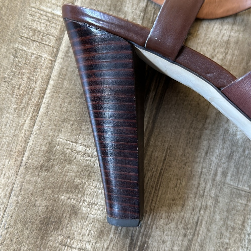 4.5” Stacked Wood Platform Leather Franco Sarto Betsy Chestnut Strappy Heels 9 - Picture 13 of 16